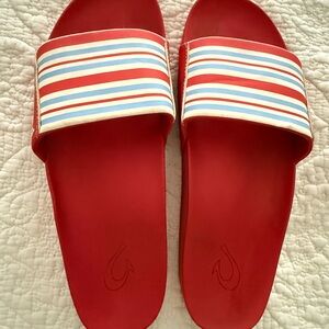 OluKai Red Kipini Women’s Slide Sandals with Blue Stripes